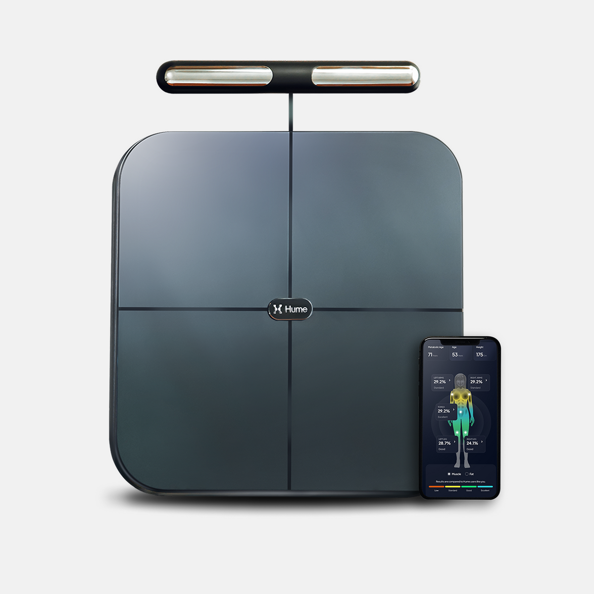 Hume Body Pod scale with handlebar sensor and smartphone displaying body composition analysis, highlighting HSA/FSA eligibility and advanced health tracking features.